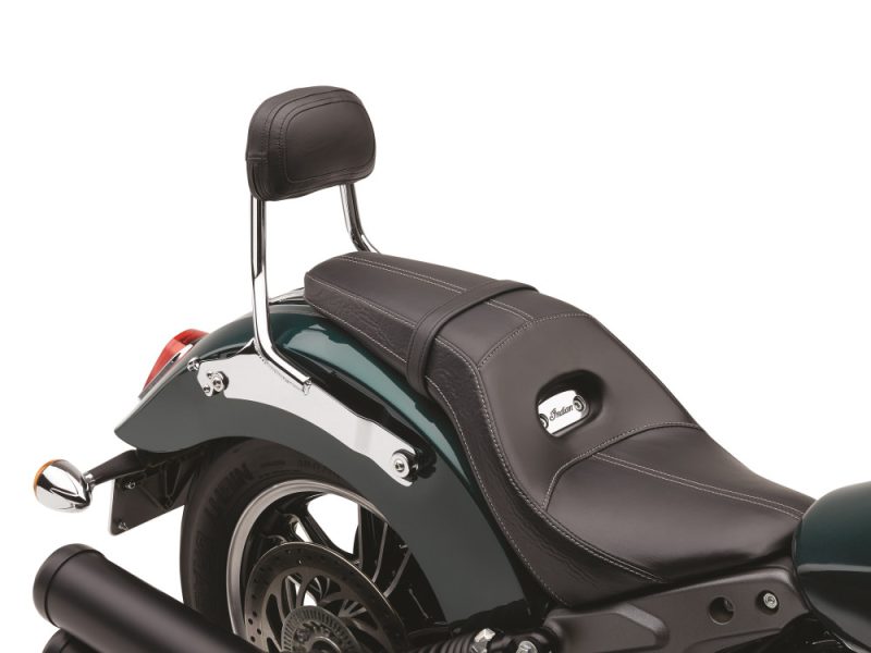 Quick Detachable Sissy Bar Kit - Chrome. Fits Scout 2015up with Dual Seat. Luxurious black motorcycle seat with backrest, ideal for comfort and style.