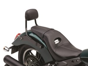 Vintage motorcycle seat with backrest, perfect for custom Harley Davidson bikes.