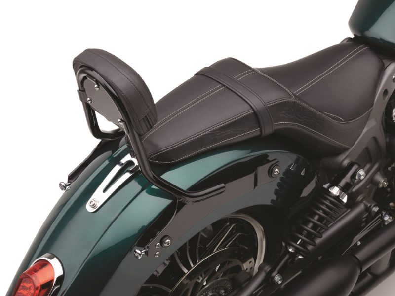 Elegant motorcycle seat and rear fender with leather saddle and passenger grab rail, highlighting custom bike accessories.