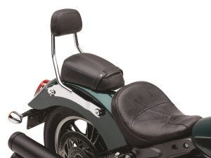 Leather motorcycle seat with backrest for comfort and style, compatible with Revelry Motorcycles.