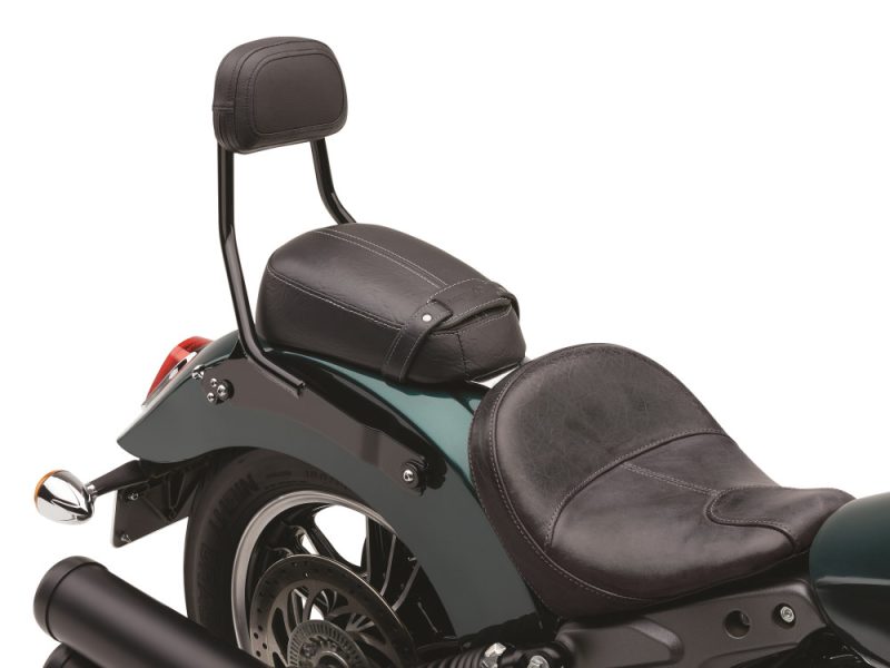 Motorcycle seat and backrest for Revelry Motorcycles custom bikes, high-quality leather and comfort.