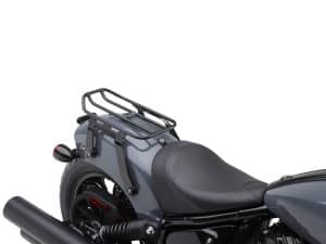 Sleek black motorcycle seat with rear rack for touring and storage, perfect for Rebelry motorbike enthusiasts.