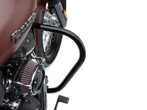 Riveted black crash bar on a vintage-style Revelry Motorcycles Harley Davidson bike.