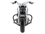 High-quality motorcycle front view with black protective bars and modern design.