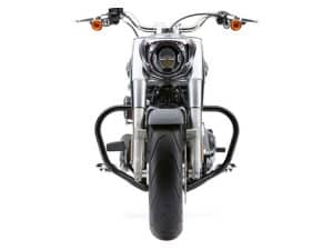 High-performance Harley-Davidson motorcycle front view with sleek design and rider protection features.