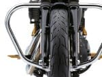 Revelry Motorcycles front tire and suspension detail, showcasing custom-built motorcycle components.