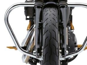 Revelry Motorcycles front tire and suspension detail, showcasing custom-built motorcycle components.