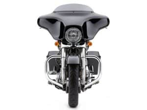 Vast black touring motorcycle with sleek front fairing and chrome accents for experienced riders.
