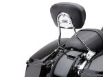 Motorcycle passenger backrest with Cobra logo, chrome finish, and black leather seat for Harley-Davidson bikes.