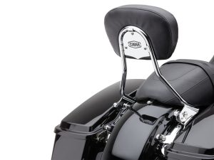 Motorcycle passenger backrest with Cobra logo, chrome finish, and black leather seat for Harley-Davidson bikes.