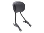 Black motorcycle passenger backrest with mounting hardware for Revelry Motorcycles.