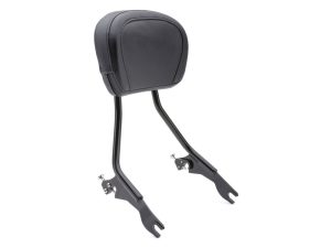 Black motorcycle passenger backrest with mounting hardware for Revelry Motorcycles.