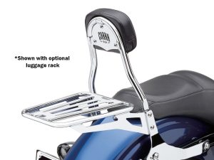 Chrome motorcycle luggage rack and passenger backrest for Revelry Motorcycles Australia.