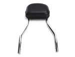 Motorcycle passenger backrest with chrome supports and black cushioned pad.