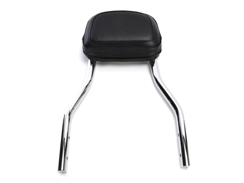 Motorcycle passenger backrest with chrome supports and black cushioned pad.
