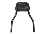 Black motorcycle sissy bar with leather pad, premium accessories for custom bikes.