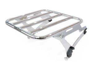 Chrome motorcycle luggage rack for Revelry Motorcycles, aluminium construction.