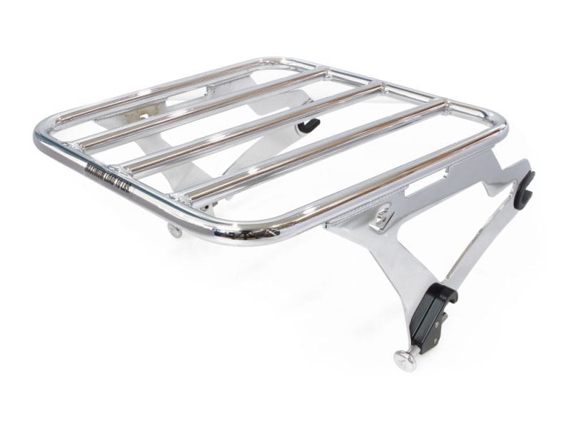 Chrome motorcycle luggage rack for Revelry Motorcycles, aluminium construction.