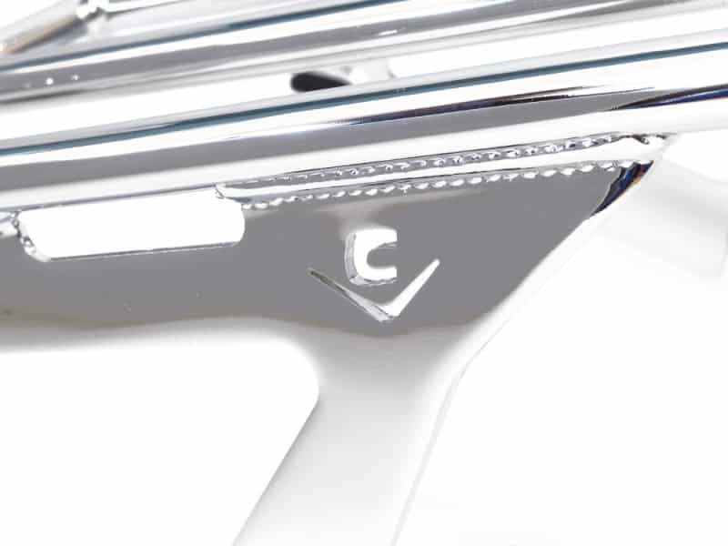 Sleek chrome motorcycle front fork with Revelry Cycles branding in Australia.