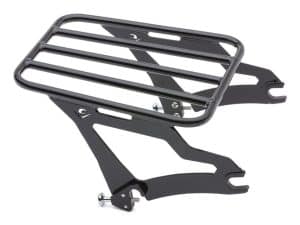 Aluminium motorcycle luggage rack, sleek black design for Revelry Motorcycles.