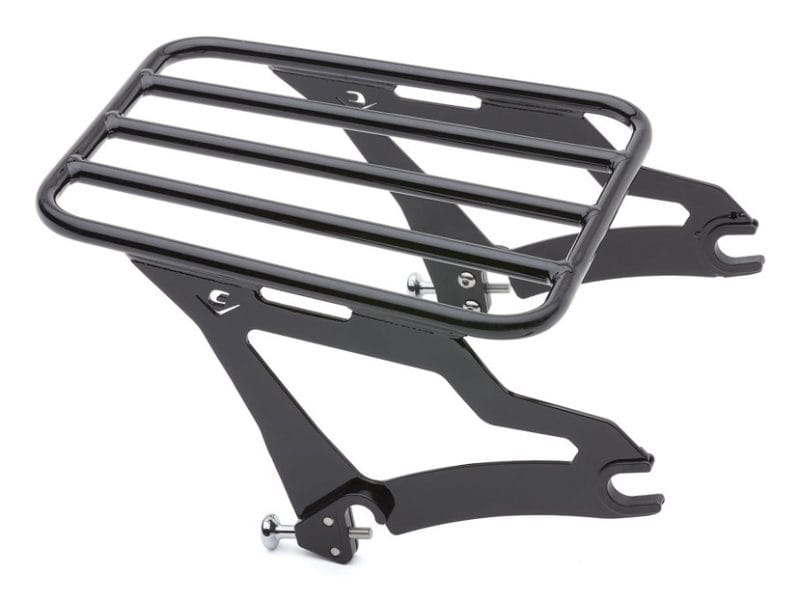 Aluminium motorcycle luggage rack, sleek black design for Revelry Motorcycles.