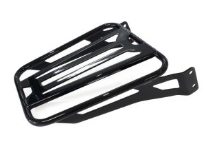 Aluminium motorcycle luggage rack for Revelry Motorcycles, durable black finish, easy installation.