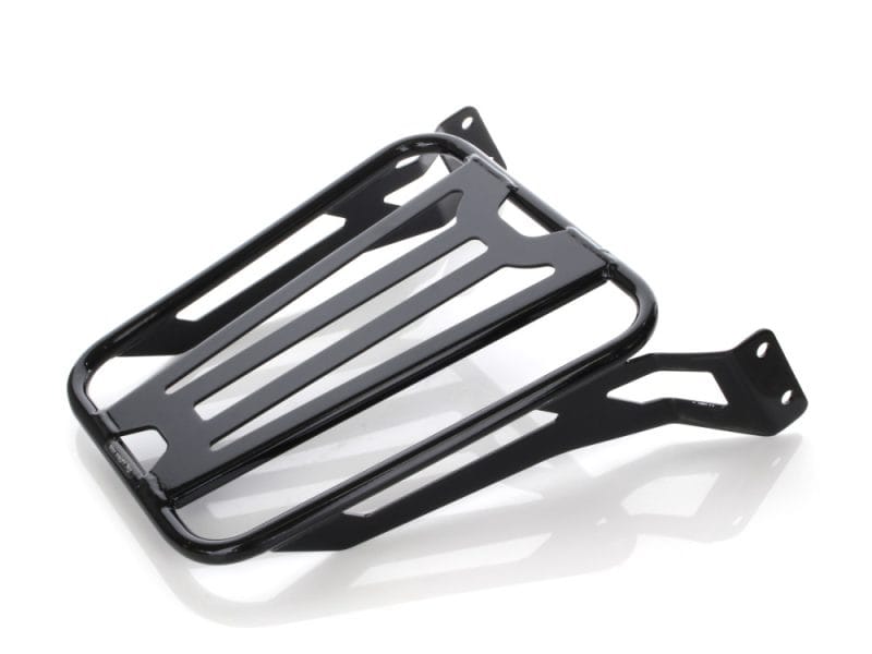 Lightweight motorcycle luggage rack for Revelry Motorcycles, durable black finish, stylish and functional.