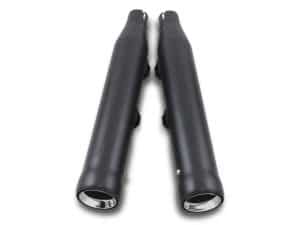 High-performance black motorcycle exhaust pipes from Revelry Motorcycles, ideal for custom bikes and Harley Davidson models.