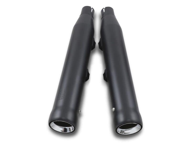 High-performance black motorcycle exhaust pipes from Revelry Motorcycles, ideal for custom bikes and Harley Davidson models.