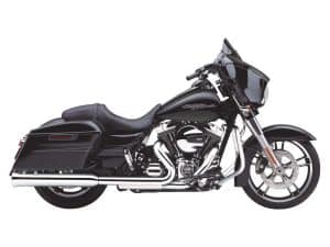 Black touring motorcycle with custom Harley Davidson design, sleek and powerful on display.