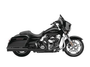 Black Harley-Davidson touring motorcycle, premium design, powerful engine, ideal for long rides.