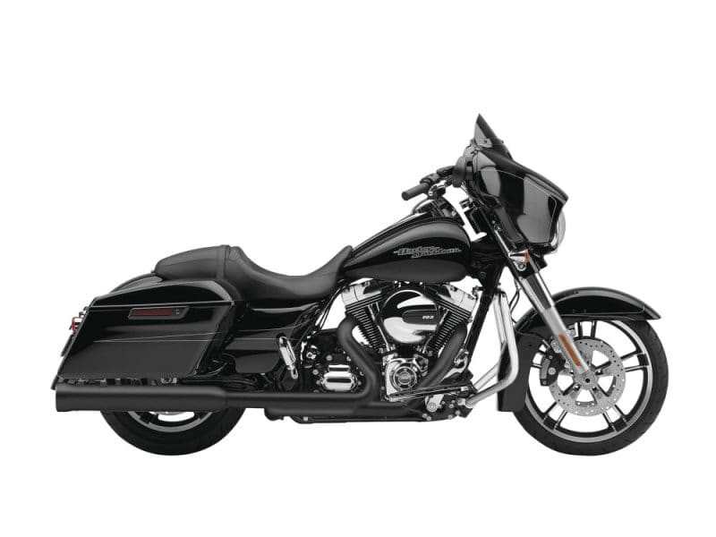 Black Harley-Davidson touring motorcycle, premium design, powerful engine, ideal for long rides.