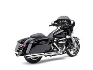 Sleek black touring motorcycle with chrome accents for Harley-Davidson enthusiasts.