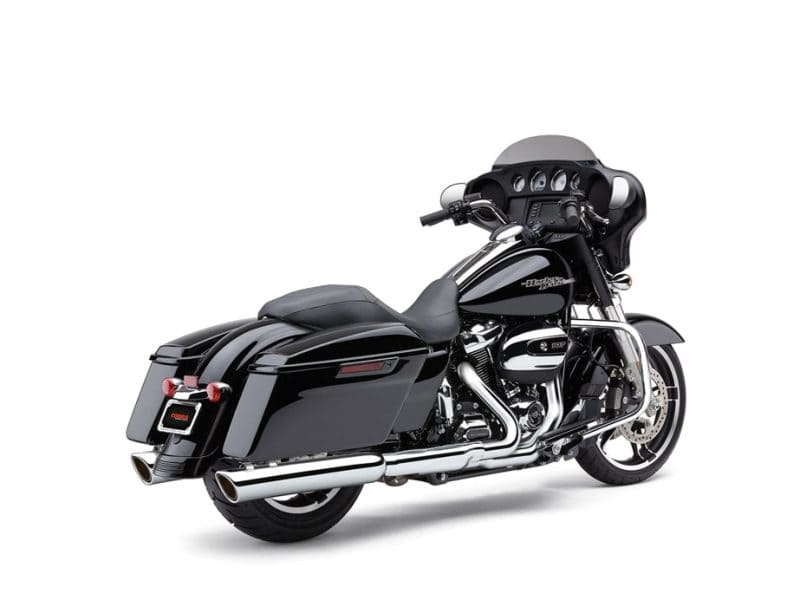 4in. 909 Back Slash Slip-On Mufflers - Chrome. Fits Touring 2017up. Sleek black touring motorcycle with chrome accents for Harley-Davidson enthusiasts.