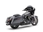 Black Harley-Davidson touring motorcycle with custom accessories and sleek design.