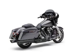 Black Harley-Davidson touring motorcycle with custom accessories and sleek design.