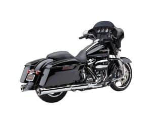 Powerful black Harley-Davidson touring motorcycle with custom hard saddlebags.
