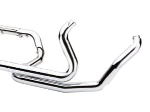 Shiny chrome motorcycle exhaust pipes for revelry motorcycles, high-quality custom bike parts.
