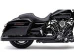 Vivid black Harley Davidson touring motorcycle with saddlebags and chrome details.