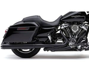 Vivid black Harley Davidson touring motorcycle with saddlebags and chrome details.