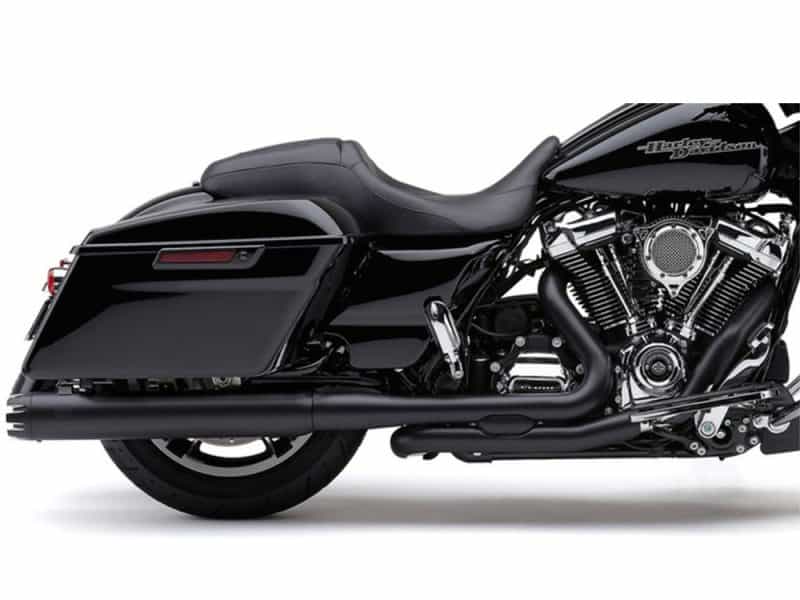 Vivid black Harley Davidson touring motorcycle with saddlebags and chrome details.