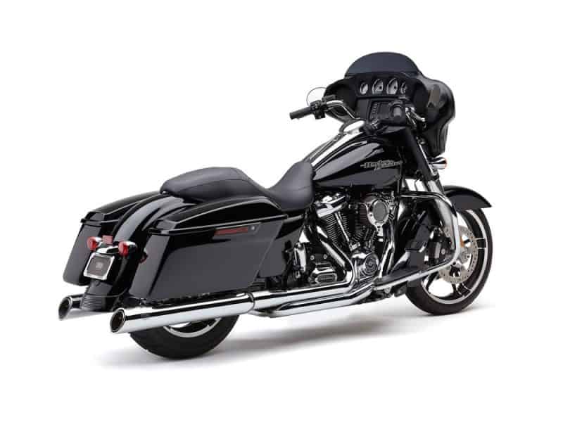 True Dual Right Side Tuck & Under Headers - Chrome. Fits Touring 2017up. Black Harley-Davidson touring motorcycle with saddlebags and sleek design.