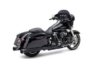 Black Harley-Davidson touring motorcycle with custom accessories, perfect for long-distance rides.