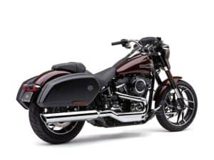 Sleek black and brown Harley-Davidson motorcycle with custom saddlebags for touring and riding.