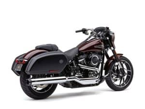 Harley Davidson touring motorcycle with saddlebags, chrome engine & black accents.