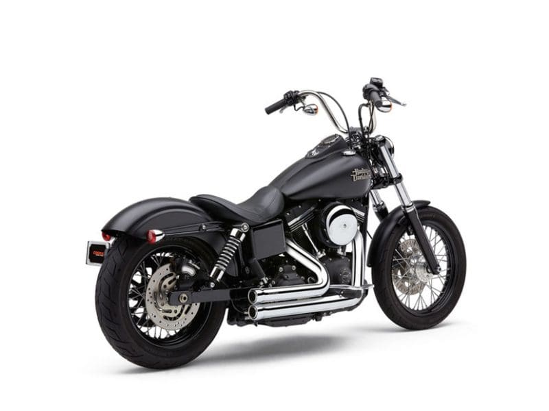 Speedster 909 Exhaust - Chrome. Fits Dyna 2006-2017. Harley-Davidson cruiser motorcycle in matte black, perfect for Harley fans and motorcycle enthusiasts.
