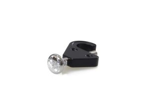 Black and silver motorcycle handlebar lock component for Revelry Motorcycles.