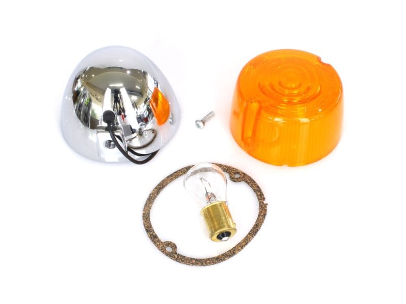 Chrome motorcycle taillight assembly with orange lens and bulb for Revelry Motorcycles.