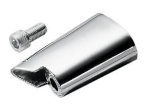 Chrome motorcycle exhaust part with bolt for Revelry Motorcycles.