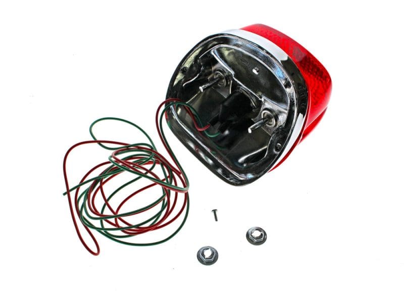 Red motorcycle tail light with wiring for Revelry Motorcycles.
